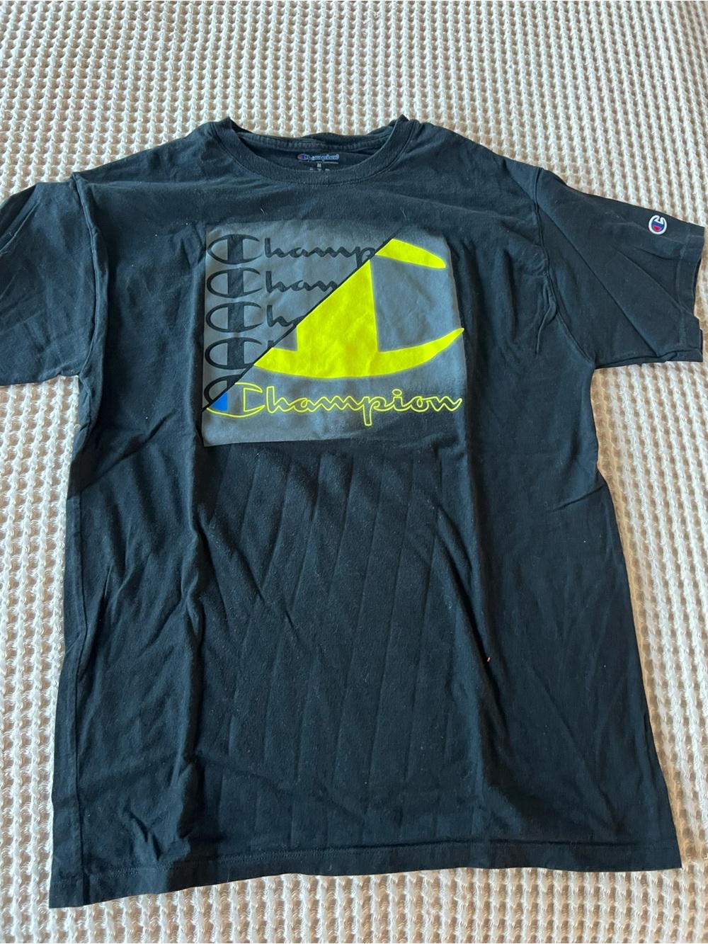 Champion Black Short Sleeve Tee with Neon Yellow Graphic